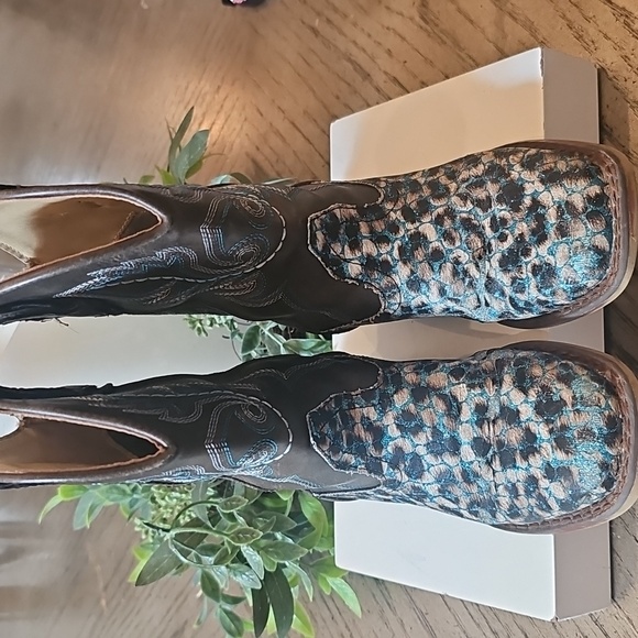 Roper Leopard Brown Blue Glitter Western Boots Size 11 Square Toe - Picture 2 of 10